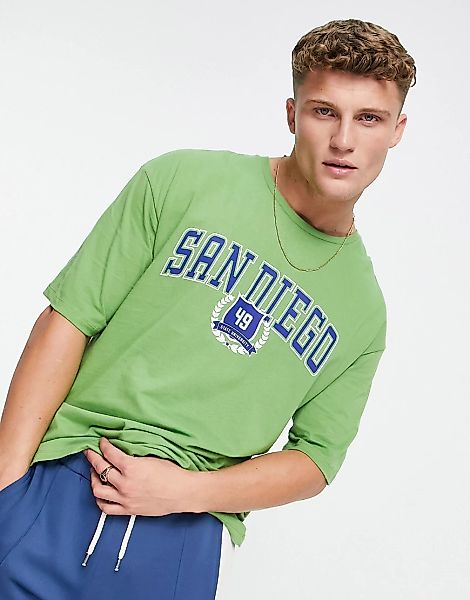 Jack & Jones Originals – Oversize-T-Shirt in Grün mit „San Diego“-Print günstig online kaufen