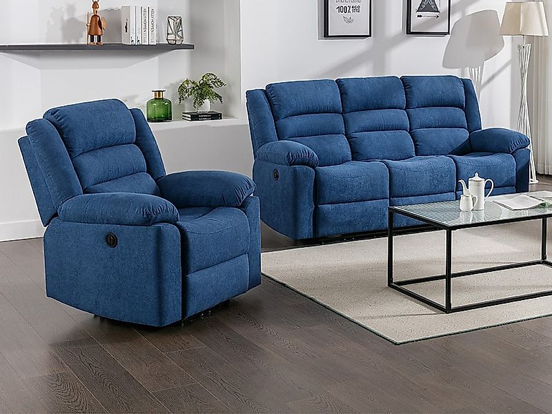 3-Sitzer-Sofa & elektrischer Relaxsessel - Blau - Stoff - BUROLO günstig online kaufen