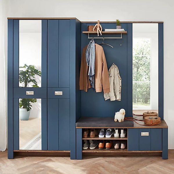 Garderoben Set mit Schrank und Spiegel, blau im Landhausstil mit Eiche, DEV günstig online kaufen