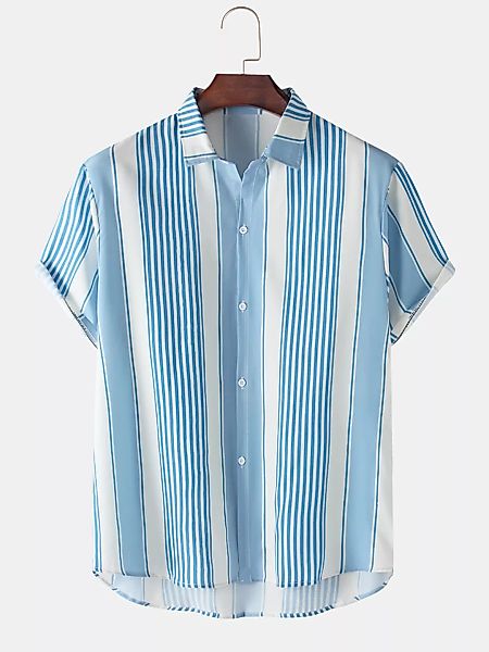 Mens Stripes Print Lose atmungsaktive und dünne Kurzarmhemden günstig online kaufen