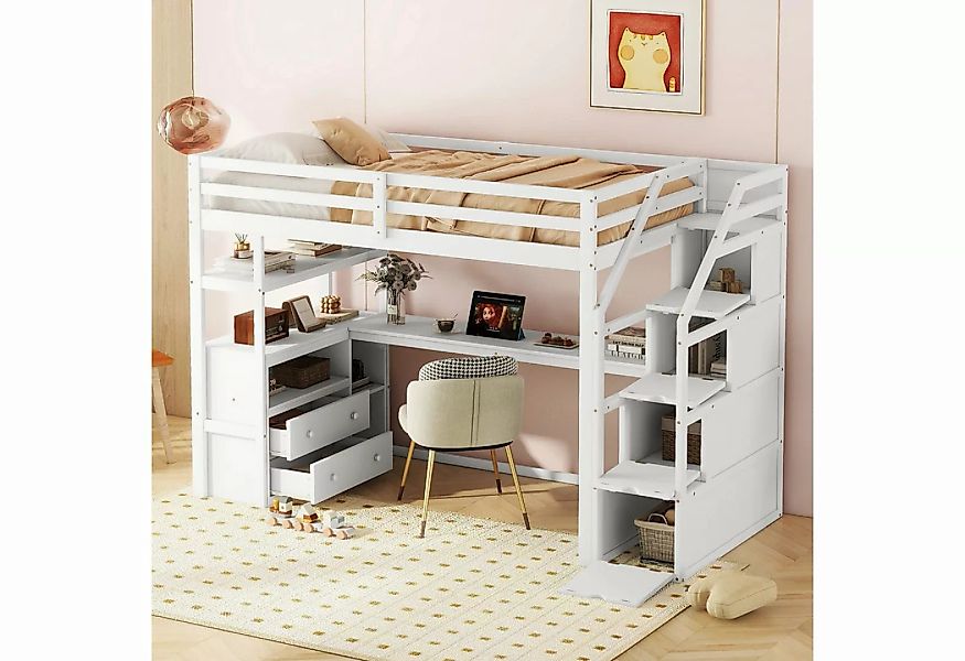 FUROKOY Hochbett Kinderbett Etagenbett mit Schreibtisch, Schrank, 90x200cm günstig online kaufen