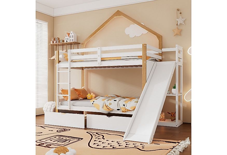 Merax Etagenbett, 90x200cm, Holz Hochbett mit Schubladen und Rutsche, Leite günstig online kaufen
