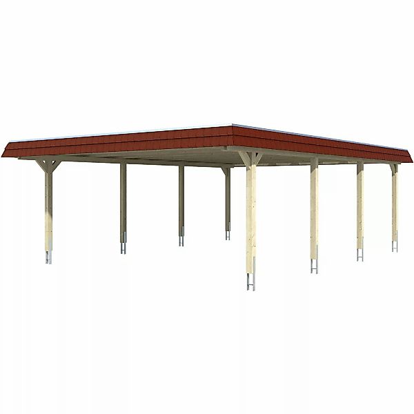 Skan Holz Doppelcarport Wendland Weiß 630 x 879 cm EPDM-Dach Blende Rot günstig online kaufen