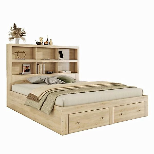 MODFU Bett Doppelbett Holzbett Stauraumbett Funktionsbett 160x200cm (Kopfte günstig online kaufen