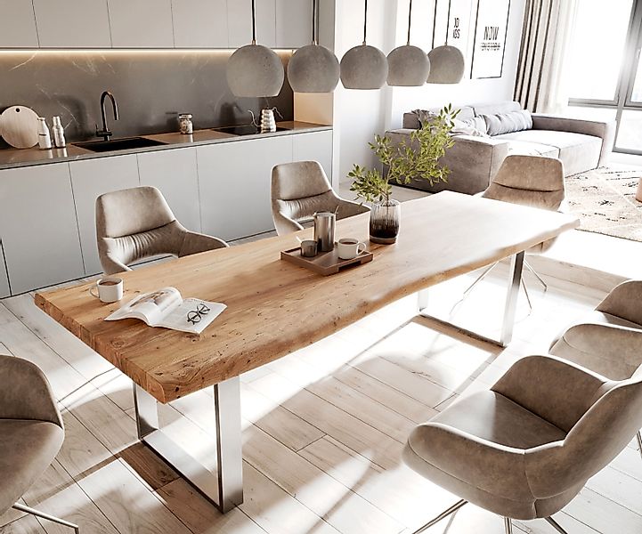 Esstisch Edge 280x100cm XL Akazie Natur Edelstahl schmal Live-Edge günstig online kaufen