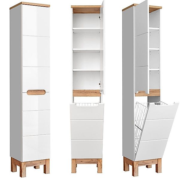 Lomadox Hochschrank SOLNA-56 mit Wäschekorb Hochglanz weiß mit Wotaneiche, günstig online kaufen