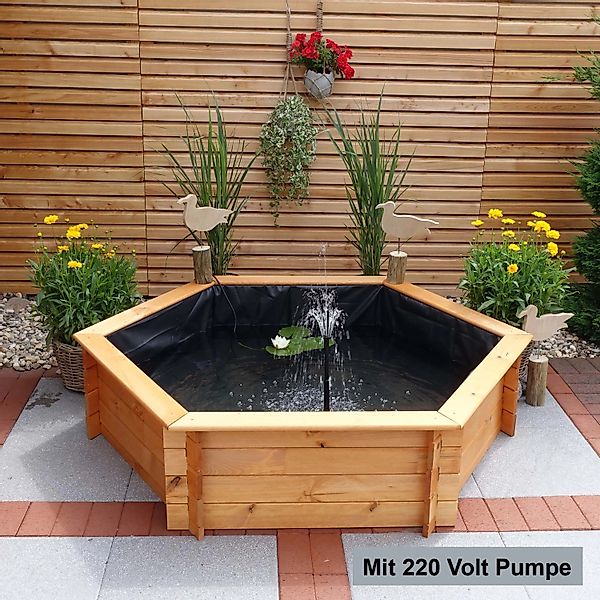 Promadino Sechseck-Hochteich Ø 125 cm inkl. Pumpe 220 Volt aus Kiefernholz günstig online kaufen