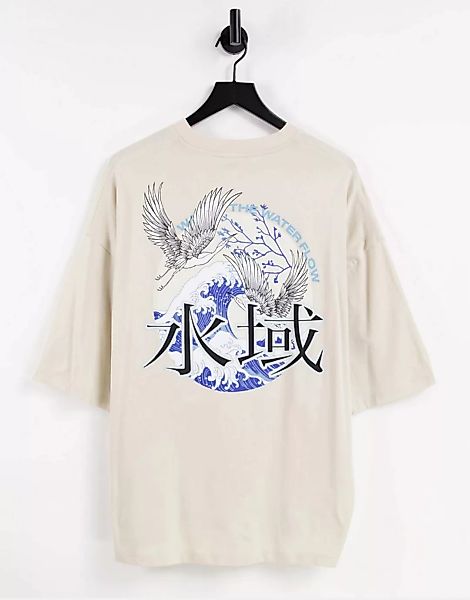 ASOS DESIGN – Oversize-T-Shirt in Beige mit Vogel-Rückenprint-Neutral günstig online kaufen