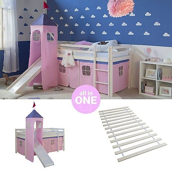 Homestyle4u Hochbett 90x200 mit Vorhang Lattenrost Rutsche und Turm in Weiß günstig online kaufen