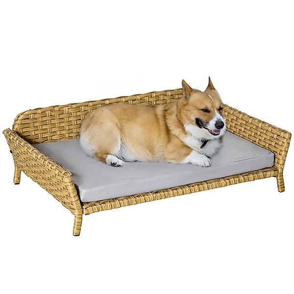 PawHut Rattan Hundesofa wetterbeständiges Hundebett mit Kissen 84x53x25cm g günstig online kaufen