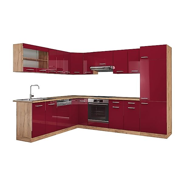 Vicco R-Line Eckküche Bordeaux Hochglanz/Goldkraft Eiche 227 x 287 cm ohne günstig online kaufen