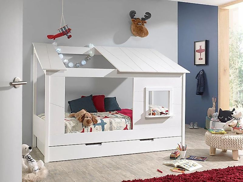 Vipack Kinderbett "Hausbett, aus MDF und Massivholz weiß lackiert, inkl. Fe günstig online kaufen