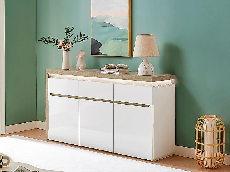 Sideboard mit 3 Türen & 3 Schubladen - Mit LED-Beleuchtung - MDF - Weiß lac günstig online kaufen