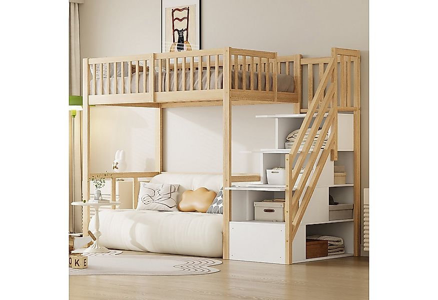 Flieks Hochbett Massivholz Kinderbett Einzelbett 90x200cm mit Stauraumtrepp günstig online kaufen