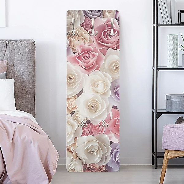 Wandgarderobe Holzpaneel Blumen Pastell Paper Art Rosen günstig online kaufen