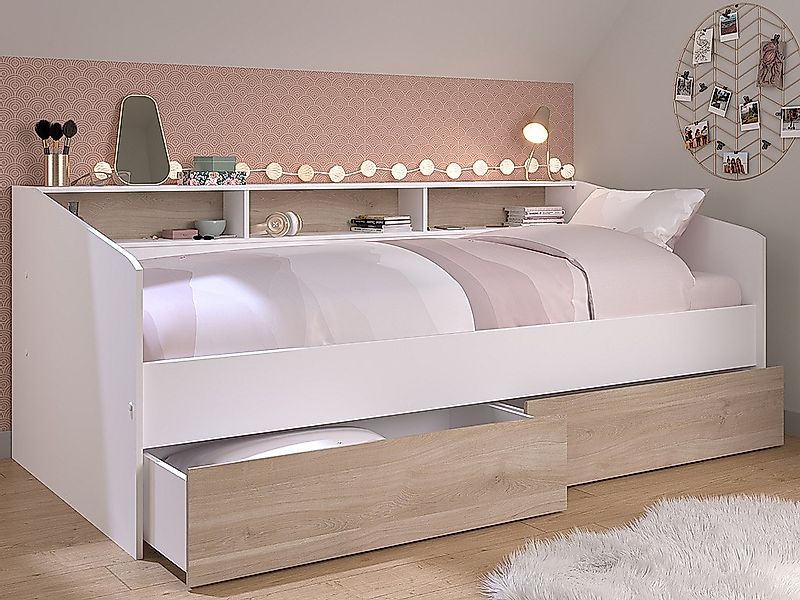 Bett 90 x 190/200 cm mit Stauraum  + Lattenrost + Matratze - Weiß & Holzfar günstig online kaufen