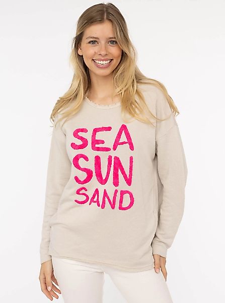 Zwillingsherz Sweater "Sea Sand Sun" Flock-Print, ausgefranster Rundhalsaus günstig online kaufen