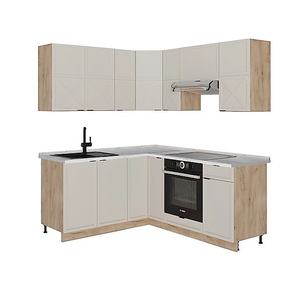 Vicco Fame-Line Eckküche GrauBeige/Goldkraft Eiche 160 x 190 cm AP Marmor günstig online kaufen