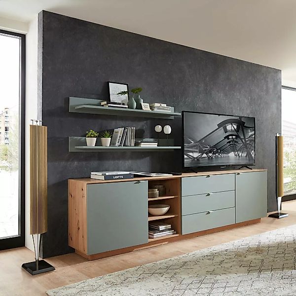 TV Sideboard Set mit Wandregalen Fernsehschrank Eiche mit grün, Breite 240 günstig online kaufen