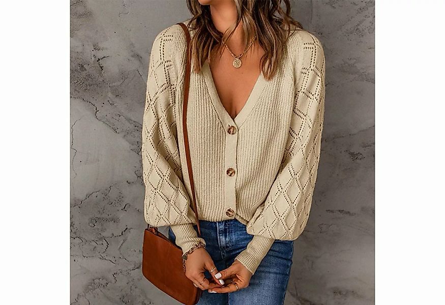 RUZU UG Strickjacke Damen Strickjacke Pullover V-Ausschnitt Laterne Ärmel K günstig online kaufen