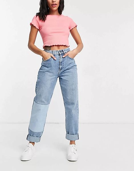 ASOS DESIGN – Lässige Mom-Jeans mit hohem Bund im Patchwork-Design in mittl günstig online kaufen