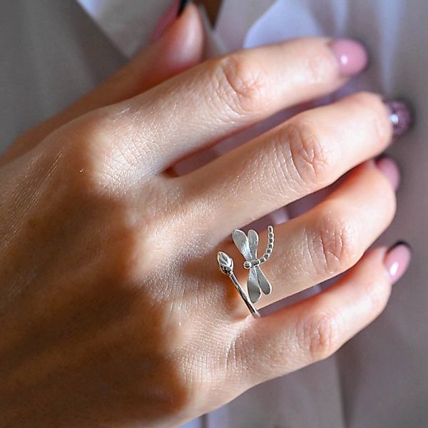 Runde Perlé Silberring Zarte Libelle, handgefertigter günstig online kaufen