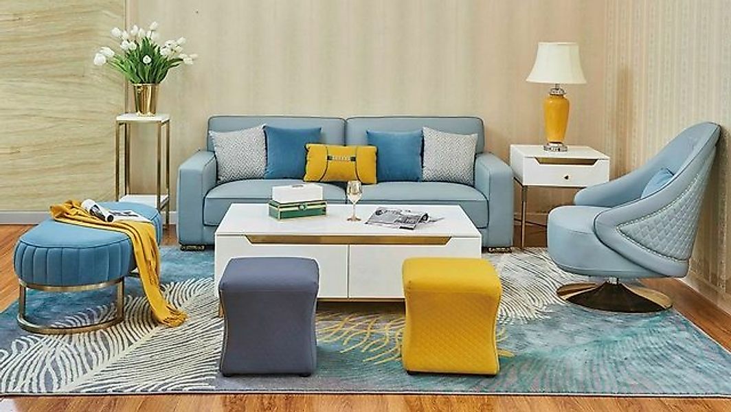 JVmoebel Sofa Wohnzimmer Set 3 Sitzer Sessel Hocker Polster Garnitur Leder günstig online kaufen