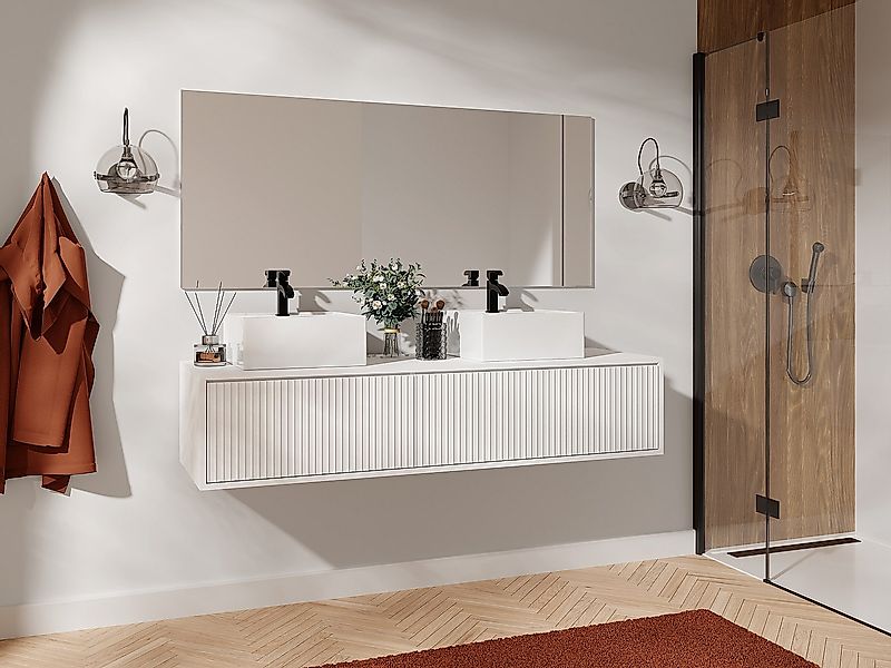 Waschbeckenunterschrank hängend mit Doppelwaschbecken - Streifenoptik - Wei günstig online kaufen