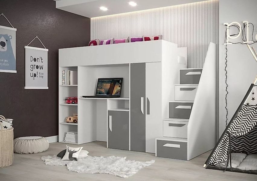 Unique Home Hochbett Kinderbett PAR 14, Inkl. Schreibtisch, Kleiderschrank günstig online kaufen