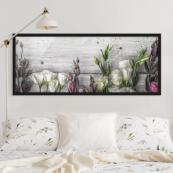 Bild mit Rahmen Blumen - Panorama Tulpen-Rose Shabby Holzoptik günstig online kaufen