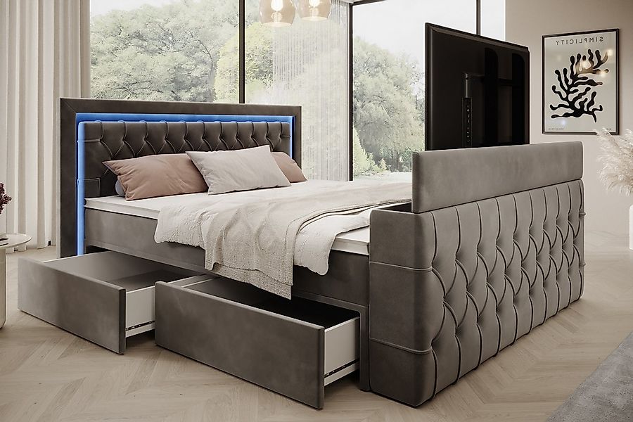 PROMETO Möbel Boxspringbett Doppelbett mit Matratze, Schubladen TV-Lift LED günstig online kaufen