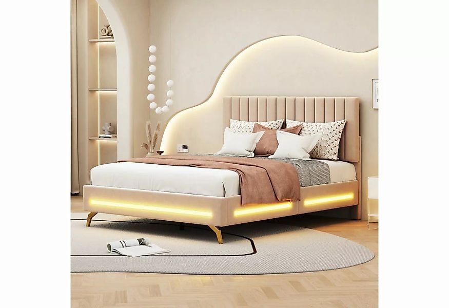 REDOM Polsterbett Doppelbett mit LED-Leuchten und Lattenrost, Samtstoff (mi günstig online kaufen