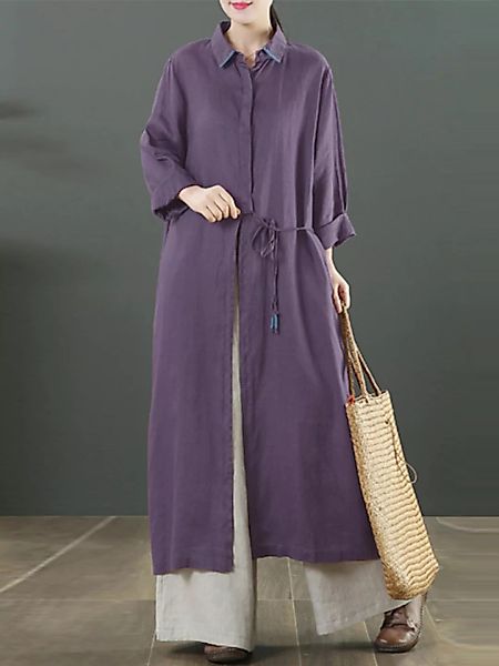 Einfarbige lange Bluse mit Reverskragen und Tasche günstig online kaufen
