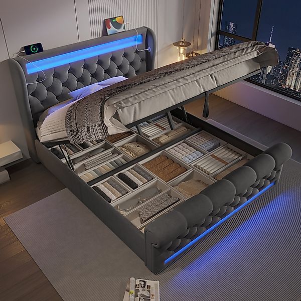 STILVORA Polsterbett 140x200 Doppelbett mit LED,Stauraumkopfteil,USB&TYPE-C günstig online kaufen