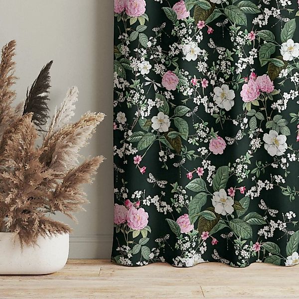 Vorhang Rosen und Schmetterlinge auf Dunkelgrün günstig online kaufen