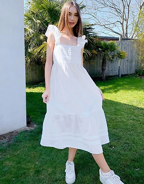ASOS DESIGN – Gesmoktes Midi-Sommerkleid in Weiß aus Leinen mit Rüschen und günstig online kaufen