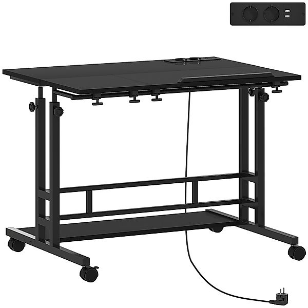 HOMCOM Schreibtisch mit Rädern, Steckdosen, USB-Anschlüssen, Höhenverstellb günstig online kaufen