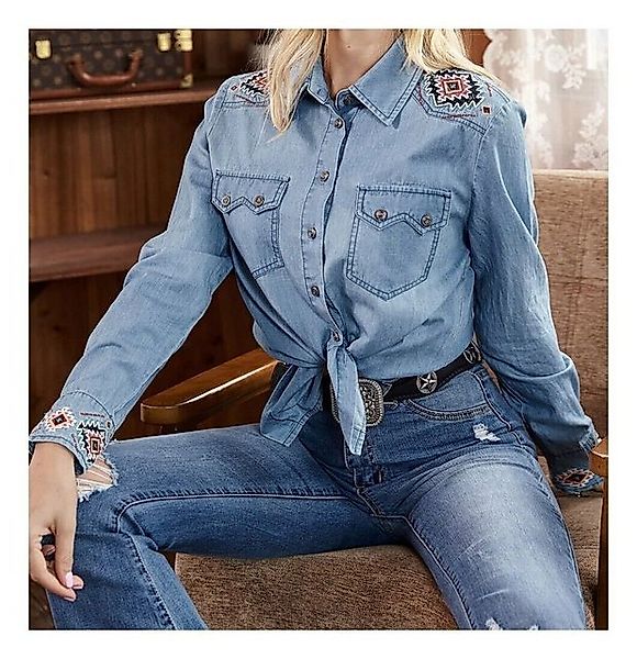 Westernlifestyle Jeansbluse Azteken Stickerei blau Westernbluse günstig online kaufen