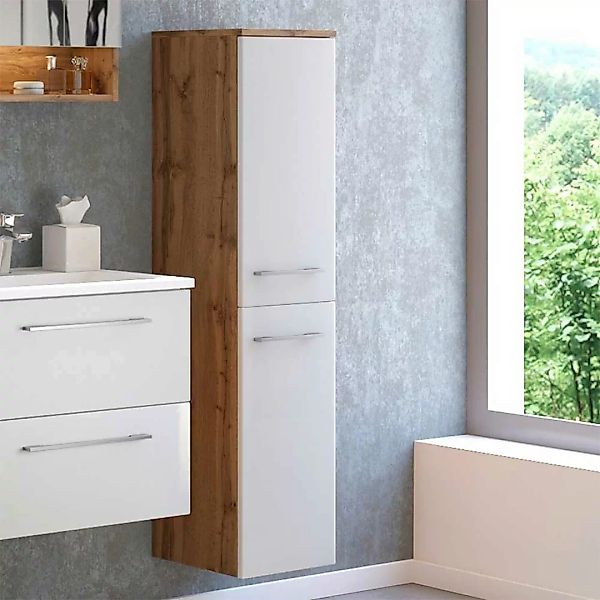 Hochschrank für Badezimmer Weiß und Wildeiche Optik günstig online kaufen