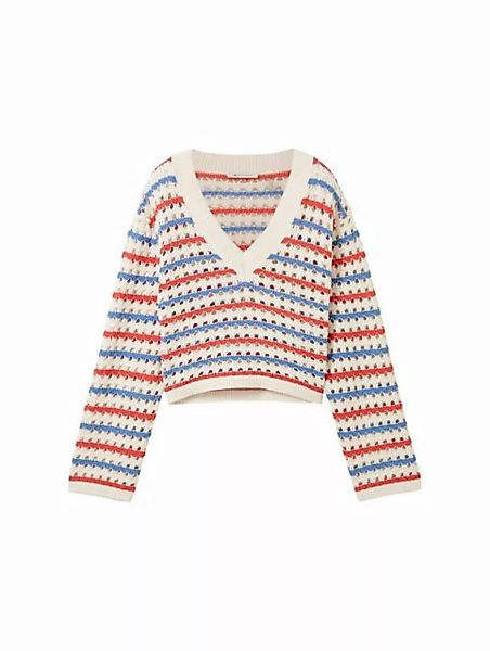 TOM TAILOR Denim Sweatshirt open knit pullover, blue red white stripe günstig online kaufen