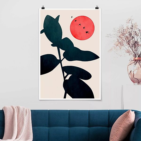 Poster Pflanzenwelt mit roter Sonne günstig online kaufen