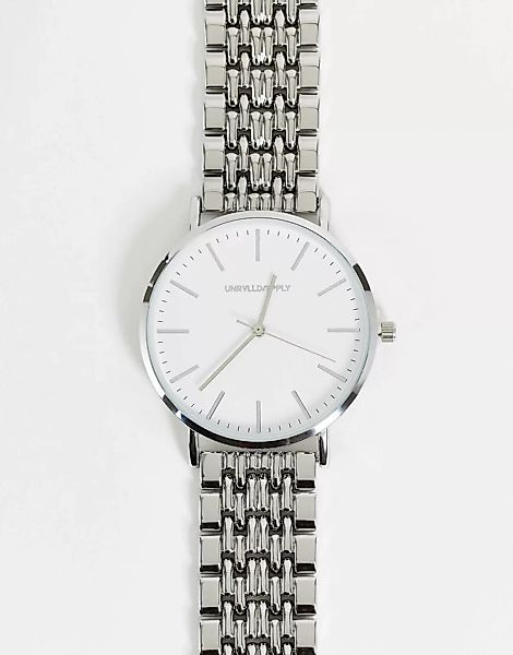 ASOS DESIGN – Armbanduhr in glänzender Silber-Optik mit weißem Zifferblatt günstig online kaufen