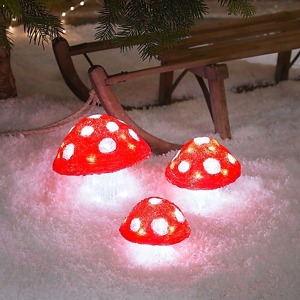 Lights4fun LED Dekofigur 3er Set Acryl Weihnachtsfiguren außen Fliegenpilze günstig online kaufen