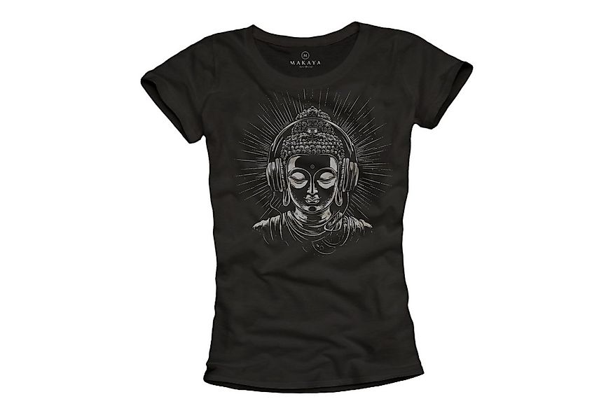 MAKAYA Yogashirt Buddha Kopfhörer Motiv Kurzarm Shirt Schwarz Baumwolle Fra günstig online kaufen