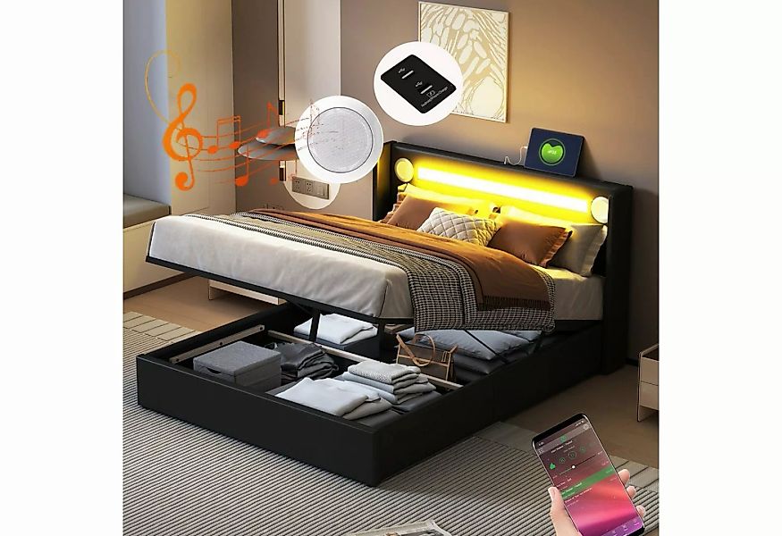 OKWISH Polsterbett mit LED-Lichtleiste, Bluetooth-Player und USB-Aufladung günstig online kaufen