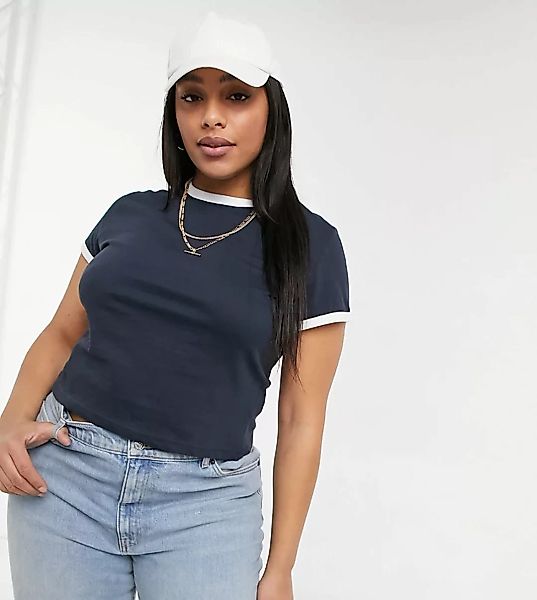 Brave Soul Plus – Claudia – T-Shirt mit Kontrastbesatz-Marineblau günstig online kaufen