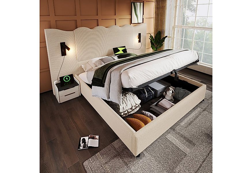 TavilaEcon Boxspringbett Cordmaterial & Wellenförmiges Design Hydraulisches günstig online kaufen