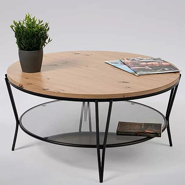 Runder Sofa Tisch in Wildeichefarben und Schwarz 80 cm Durchmesser günstig online kaufen