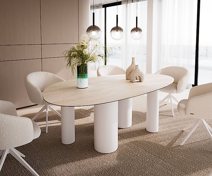 Esstisch Edge Oval 220x120 Keramik Laminam®Travertino Bianco Creme-Weiß ?Pi günstig online kaufen