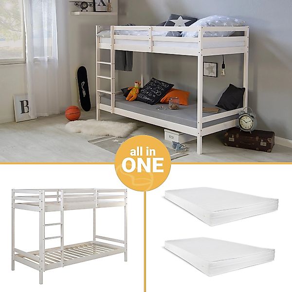 Homestyle4u Etagenbett in Weiß mit Matratze 90x200 cm 2501 günstig online kaufen